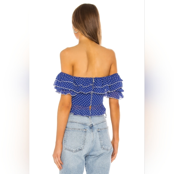 Lovers + Friends Reid Polka Dot Faux Corset Top Blue White Ruffle Size S Boho - Picture 2 of 11